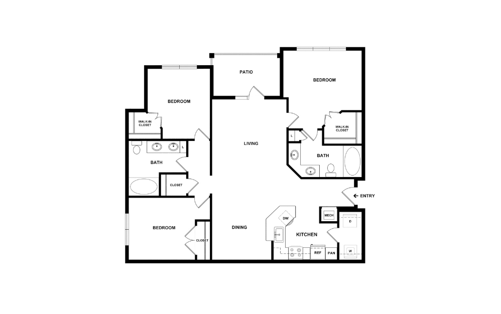 Azure - 3 bedroom floorplan layout with 2 bathrooms and 1376 square feet (2D)