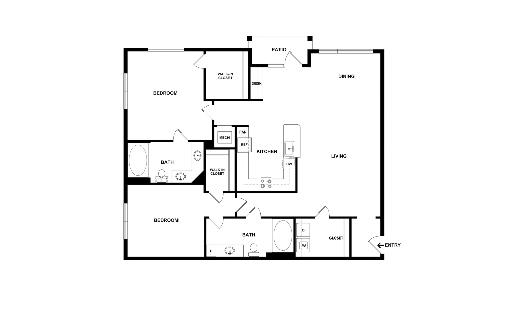 Calypso - 2 bedroom floorplan layout with 2 bathrooms and 1180 square feet (2D)