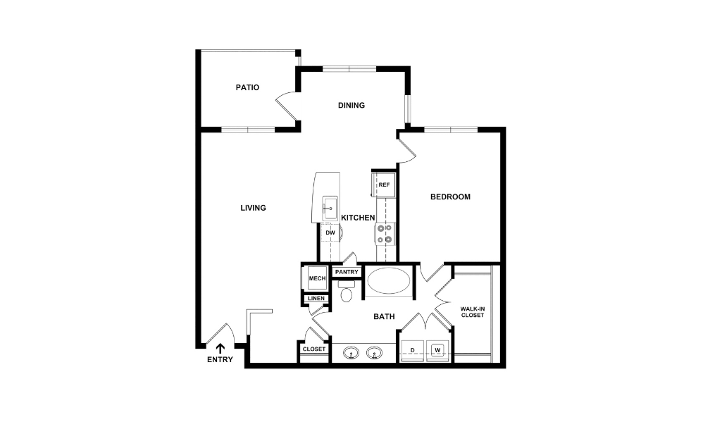 Midnight - 1 bedroom floorplan layout with 1 bathroom and 896 square feet (2D)