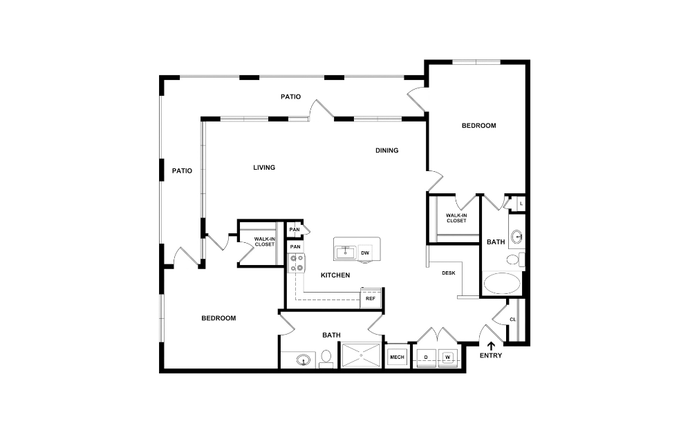 Royal - 2 bedroom floorplan layout with 2 bathrooms and 1344 square feet (2D)
